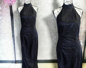 Vintage 90s Roberta Black Sequin Sleeveless Halter Dress, 9/10