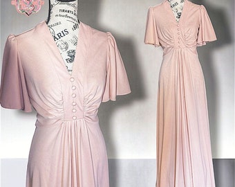 Vintage 70s Does 40s Blush Maxi Dress w Flutter Sleeves, Small