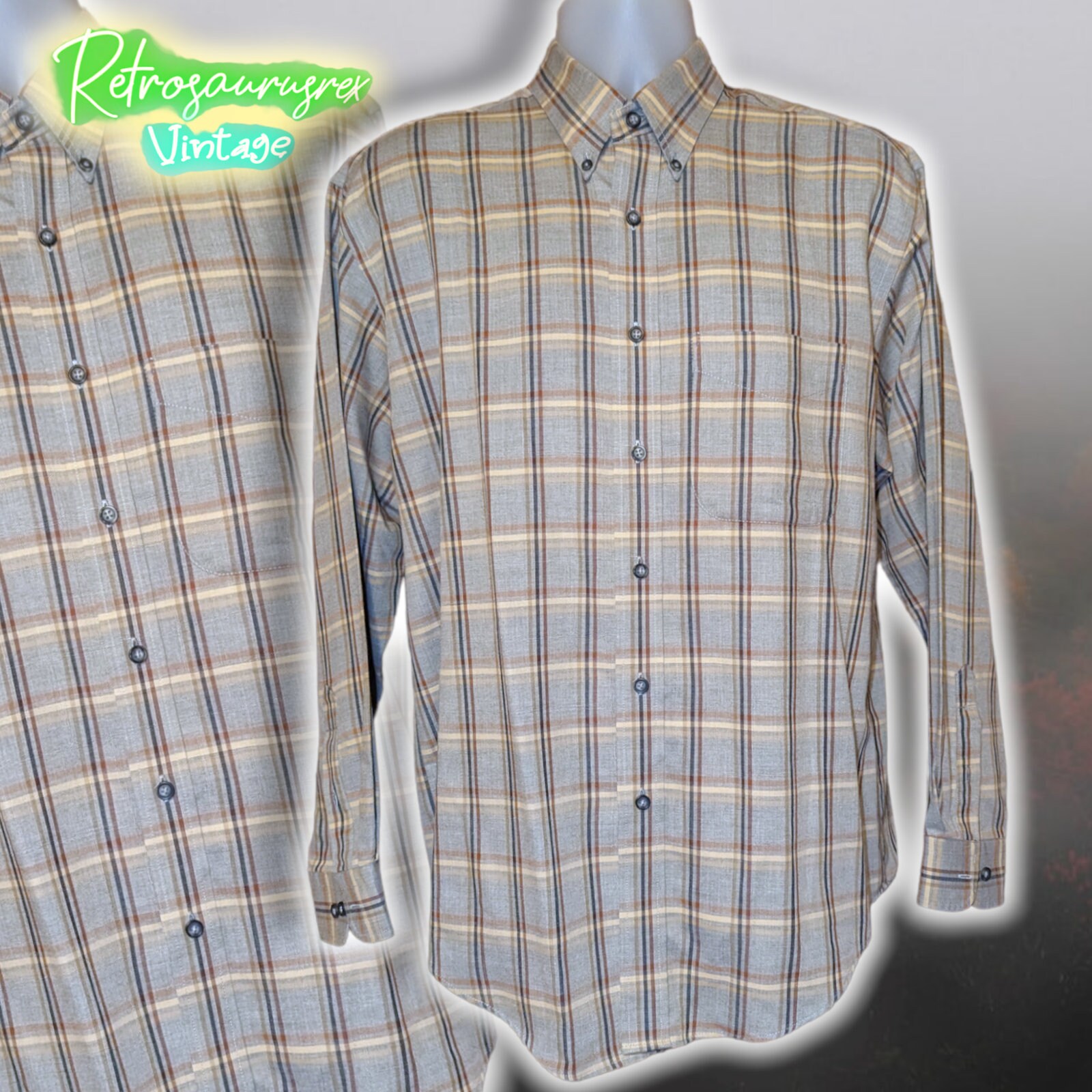 Vintage Neutral Tone Plaid Button Up Dress Shirt, Medium