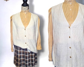 Vintage 70s Retro Sleeveless White Knit Sweater Vest, 2X