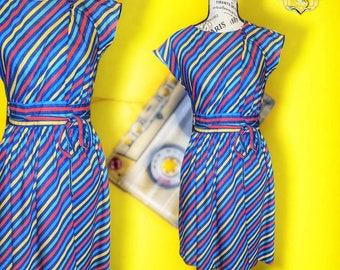 Vintage 1960s Funky Playful Striped Wrap Rainbow Dress, Medium