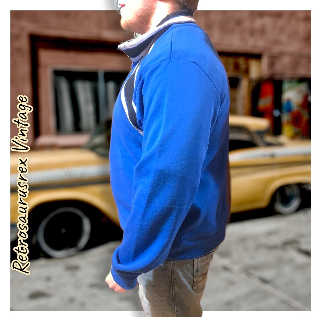 Vintage 1980's Blue Retro Athletic Track Jacket Blue & White