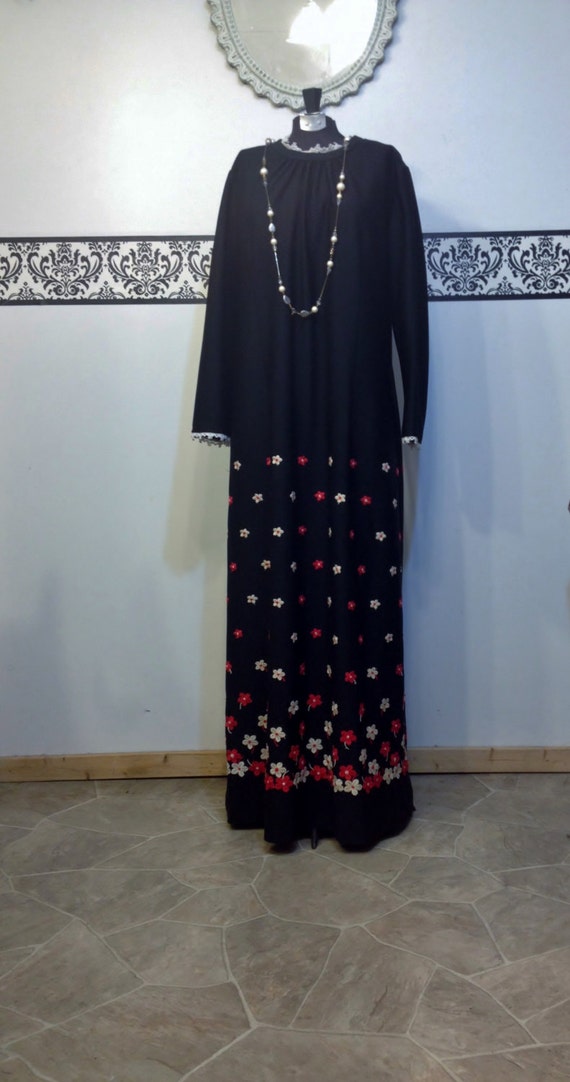 1960's Plus Size Black Embroidered Maxi Dress by B