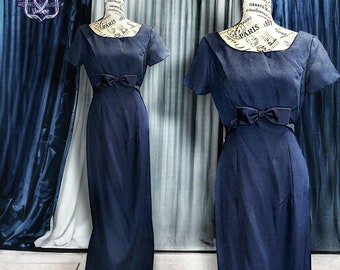 Vintage 90s Old Hollywood Jim Hjelm Formal Navy Blue Maxi Dress,  8