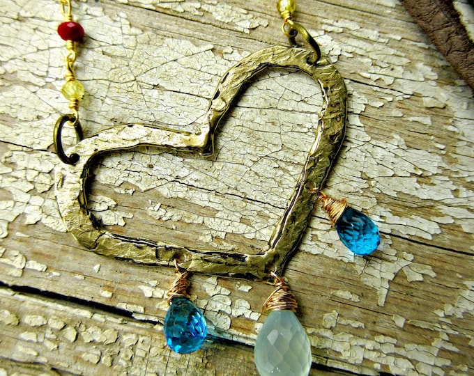 Weathered Soul necklace with bronze heart and semi-precious stones, leather, urban, cowgirl, USA artisan crafted, rosary style chain