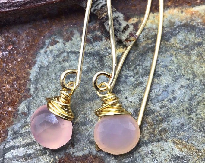 Sweet dainty pink chalcedony long wire simple minimalistic earrings by Weathered Soul, jewelers bronze ear wires