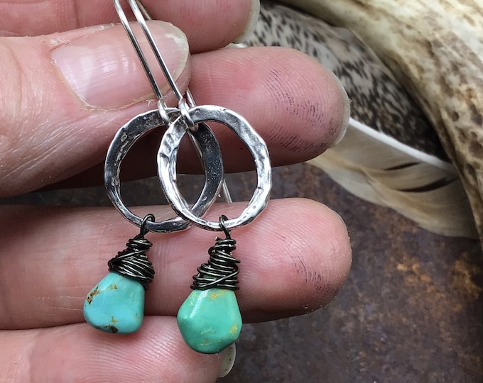 Small rustic hoops with genuine turquoise teardrops, sterling hammered round or a little abstract your choice,approximately one inch hoop