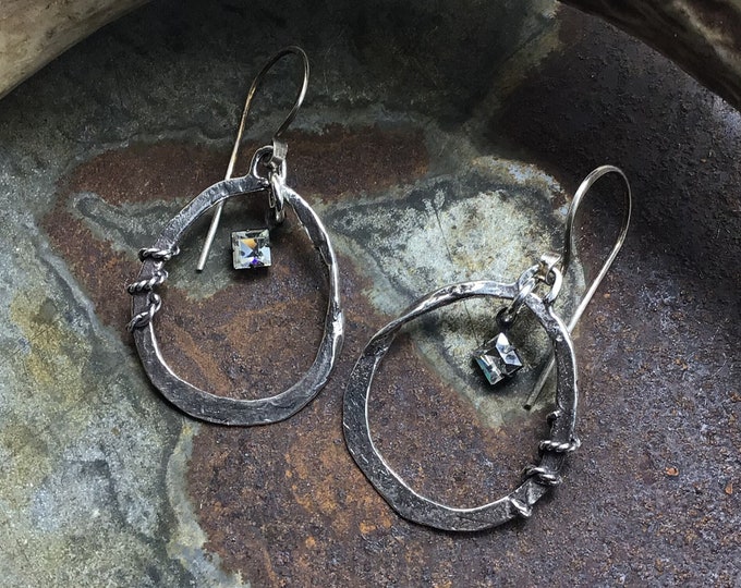 Rustic roped sterling medium sized hoops with little rhinestone center drop stone