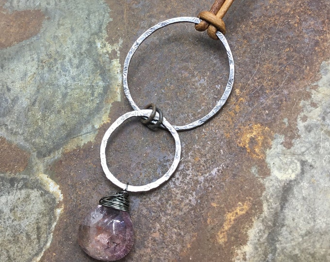 Double linked rustic sterling stamped hand forged hoops with pink quarts wire wrapped dangle with chestnut distressed leather