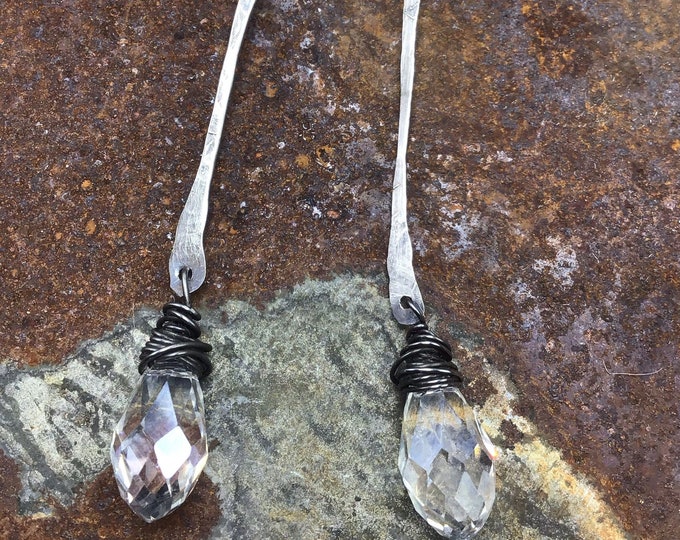 Long rustic sterling and crystal bling earrings by Weathered Soul , simplistic design,elegant style