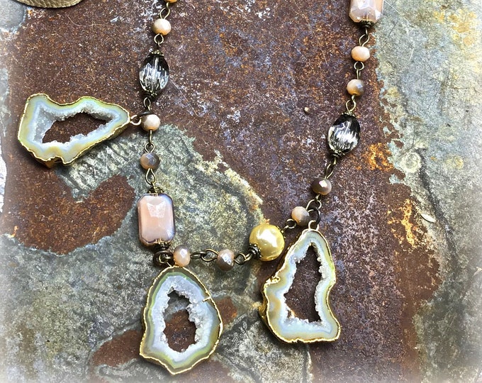 Sweet handmade vintage inspired rosary style chain with leather and druzy window quartz agates, stunning,bohowestern style