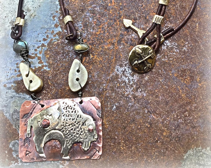 Roaming buffalo are you lost of course not, copper and silver pendant with antler,labradorite,and leather with bronze arrows