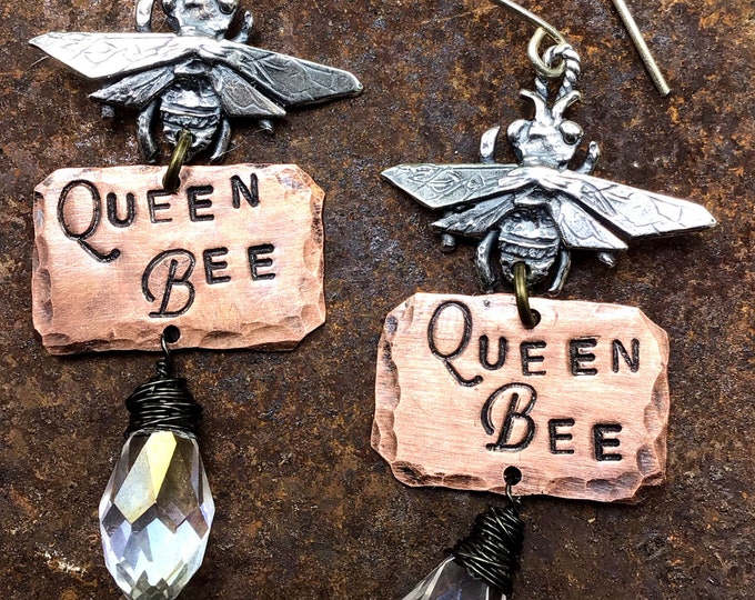 Queen bee silver, quartz, and copper artisan earrings by Weathered soul, statement earrings