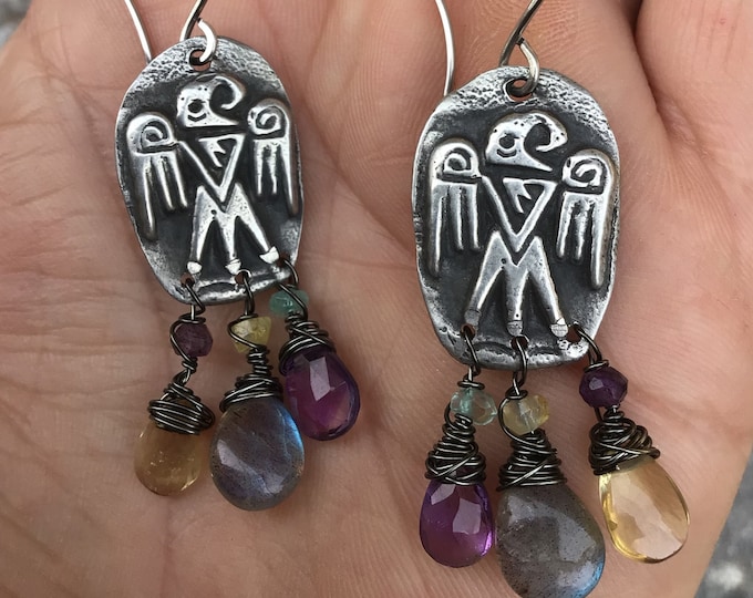 Rustic yet refined with jewels these beautiful thunderbird earrings by Weathered Soul amethyst,labradorite,and citrine dangles