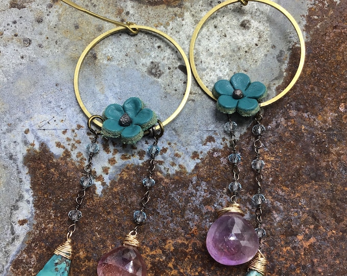 Made to order flowers in bloom earrings by Weathered Soul jewelry, teal leather flower on bronze hoop with topaz.turquoise, and pink quartz