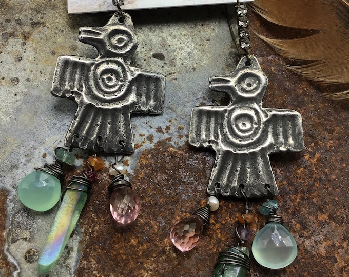 Thunderbirds in Springtime earrings by Weathered Soul jewelry, rhinestones and gemstones adorn these beauties