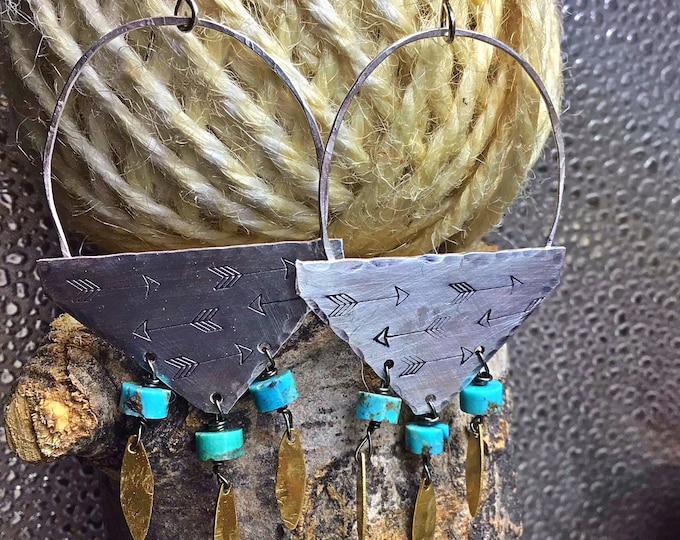 Rustic arrow earrings by Weathered Soul jewelry,artisan,bronze fringe with a touch of turquoise,urban chic,cowgirl, boho,USA crafted