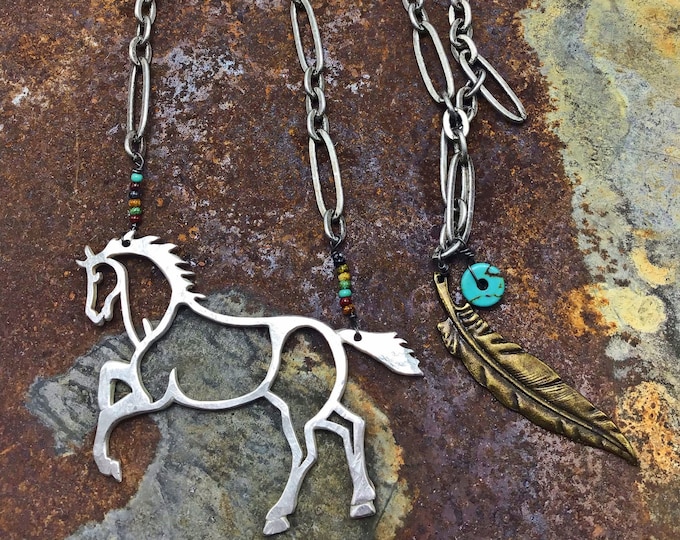 Desert prancing large pony necklace by Weathered Soul jewelry, hammered repurposed vintage pawn silver, seed beads,turquoise and arrow