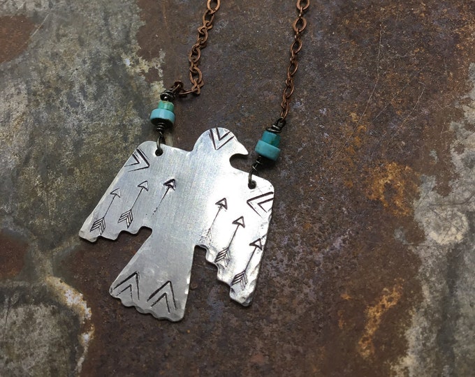 Sweet nickel silver stamped Thunderbird on copper chain with a touch of turquoise