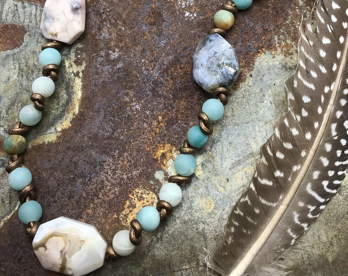 Cherry blossom agate and amazonite leather knotted necklace with vintage buffalo nickel button closure could also be a double wrap bracelet