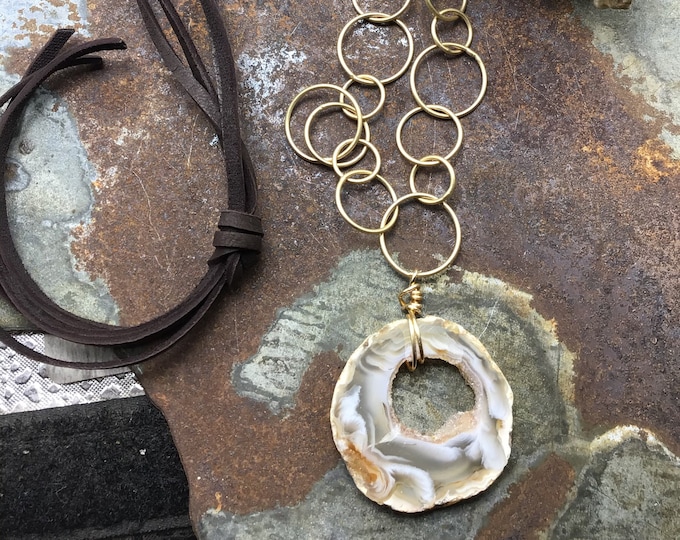 Beautiful open window druzy agate with bronze link chain and leather, easy over the head styling, urban cowgirl