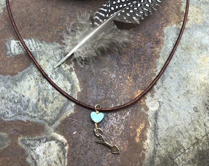 Dainty little bronze arrow necklace with turquoise heart and crossed bronze button closure,sweet and simple