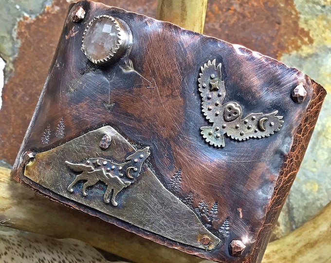 Wolf and the owl cuff by Weathered Soul, artisan leather wide statement cuff, outdoor enthusiast, unique OOAK