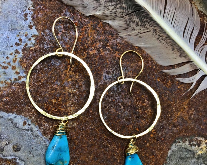 Bronze medium hammered hoops with wire wrapped turquoise teardrops,artisan made by Weathered Soul jewelry