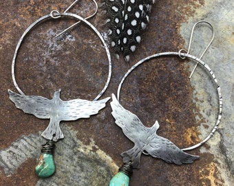 Flying free bird sterling very large 2” diameter hoop earrings by Weathered Soul with wire wrapped turquoise teardrop stones
