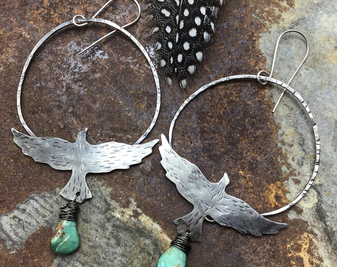 Flying free bird sterling very large 2” diameter hoop earrings by Weathered Soul with wire wrapped turquoise teardrop stones