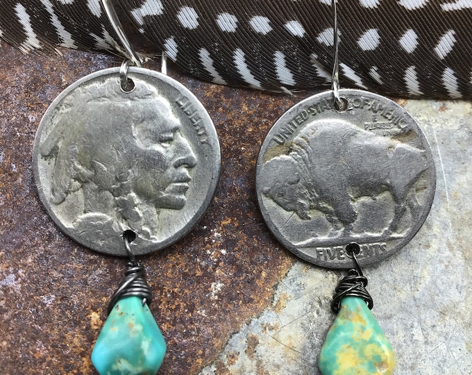 Vintage buffalo nickel and Native American head earrings with turquoise and sterling long ear wires