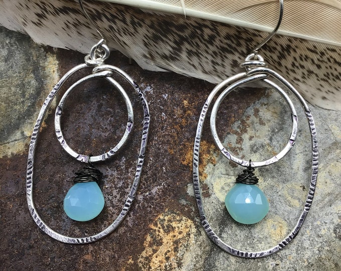 Large silver wire double hoops with Baby blue chalcedony , by Weathered Soul, beautiful statement earrings, urban chic USA