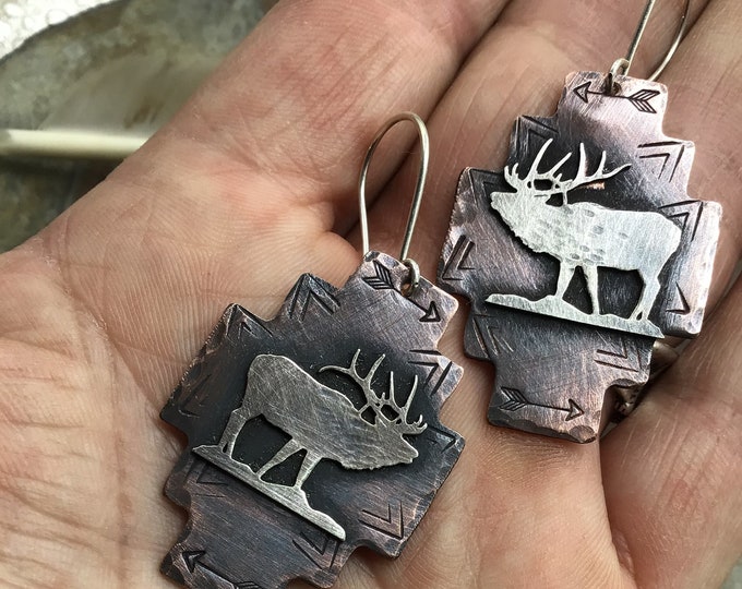 Bugling elk copper small earrings with sterling elk and sterling ear wires, nature inspired, wildlife earrings