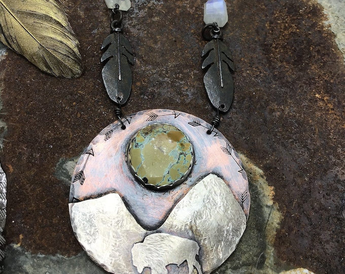 Made to order buffalo roam necklace by Weathered soul, leather and pearls with bison scene handcraftedendant, buffalo nickel button closure