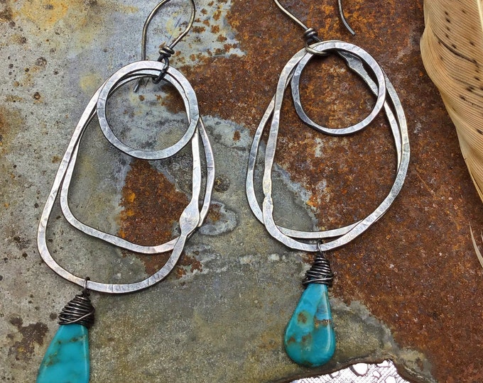 Hoops and hoops earrings by Weathered Soul, turquoise and hammered rustic sterling abstract shapes dangle by handmade ear wires, USA art