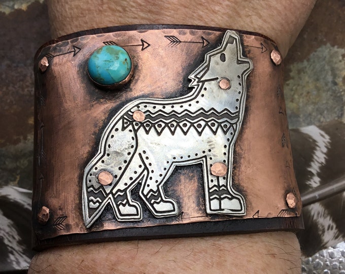 Night owl wolf and Kingman mined turquoise with copper and distressed leather make this a real statement piece, vintage Buffalo nickel snap