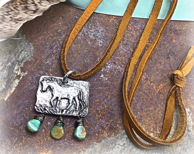 Lonely pony necklace with turquoise drops and soft Carmel elk leather, horse enthusiast,western style,Weathered Soul,cowgirl