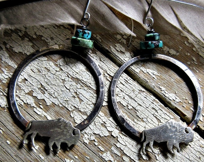 Made to order Bison roaming hoops by Weathered Soul Jewelry, Buffalo, cowgirl, western, rustic, outdoors, artisan jewelry, turquoise, USA