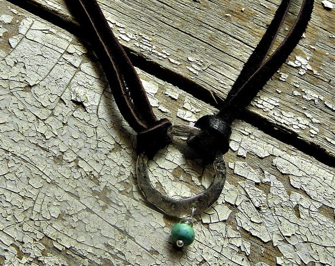 Fun and simple sweet little choker hammered sterling hoop with a touch of turquoise and hand made silver closure , little fringe tassell