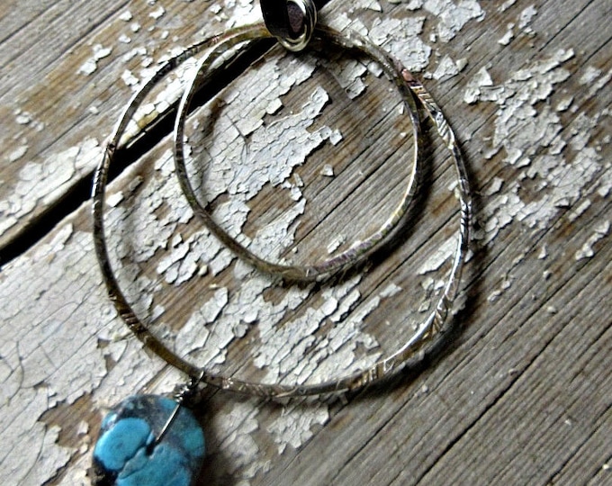 Double hoop with turquoise drop sterling necklace with leather cord, simplicity, statement, urban, cowgirl, artisan made, feathers embossed