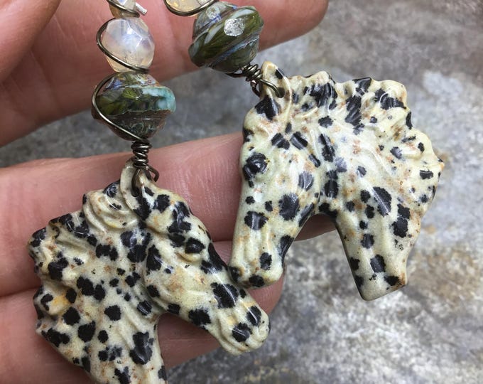Sweet leopard Appaloosa Dalmatian jasper carved horse head earrings by Weathered Soul jewelry,horse lover,cowgirl fashion,western style