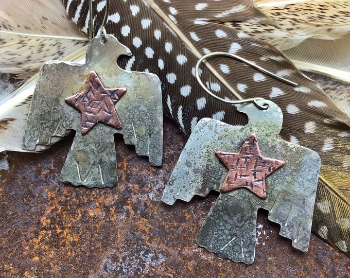 Thunderbird and leather earrings by Weathered soul.western couture, rustic chic,cowgirl fashion,Native American style,artisan jewelry