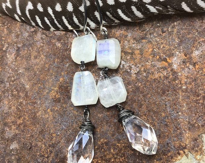 Long rustic sterling crystal and moonstone bling earrings by Weathered Soul , simplistic design,elegant style
