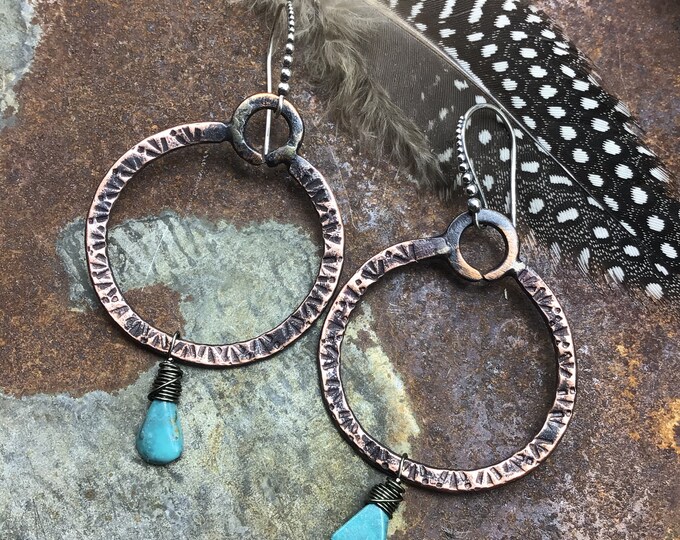 Large stamped rustic copper hoops with turquoise by Weathered Soul. Sterling ball ear wires