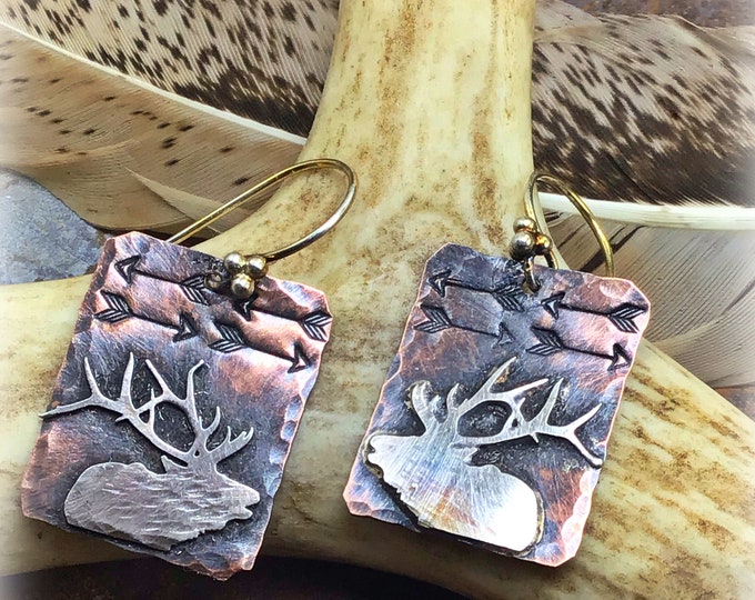 Bugling elk copper small earrings with sterling elk and sterling ear wires, nature inspired, wildlife earrings