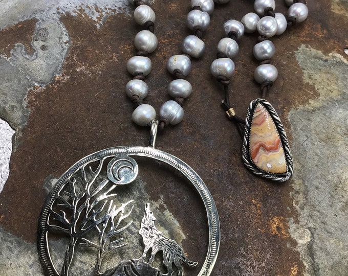 Huge almost three inch silver wolf howling pendant with leather knotted large pearls and crazy lace agate artisan button bezel closure