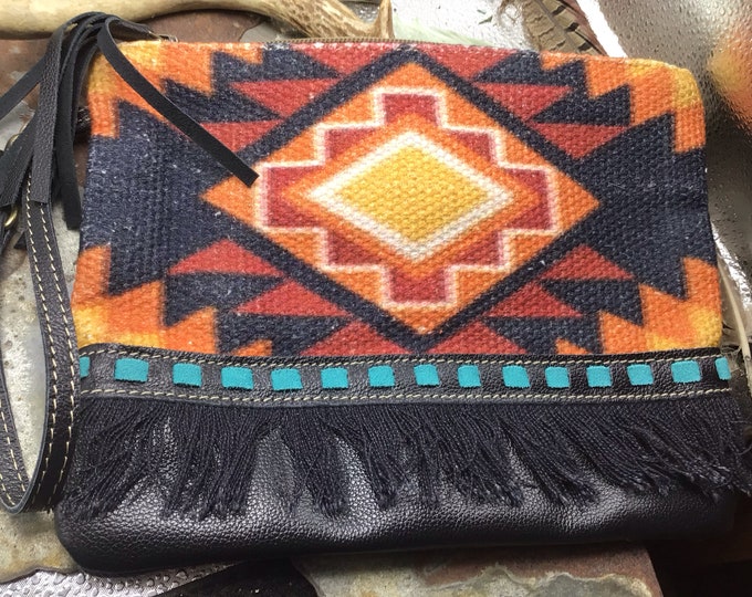 Beautiful upcycled Myra bag with Aztec patterned tapestry and canvas with a touch of fringe, wristlet, very large make up bag, you decide