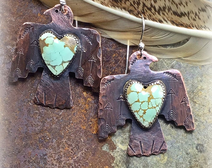 Thunderbird earrings on embossed copper with soft stunning blue matrix turquoise hearts, cowgirl fashion,western style,Native American