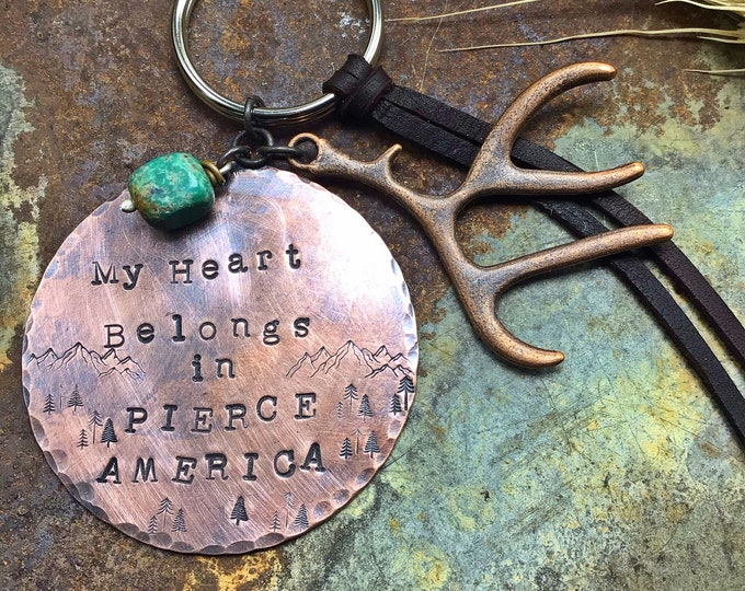 Custom stamped copper oxidized key chain, please note place in note bar when ordering, antler, turquoise,rustic,gift for anyone