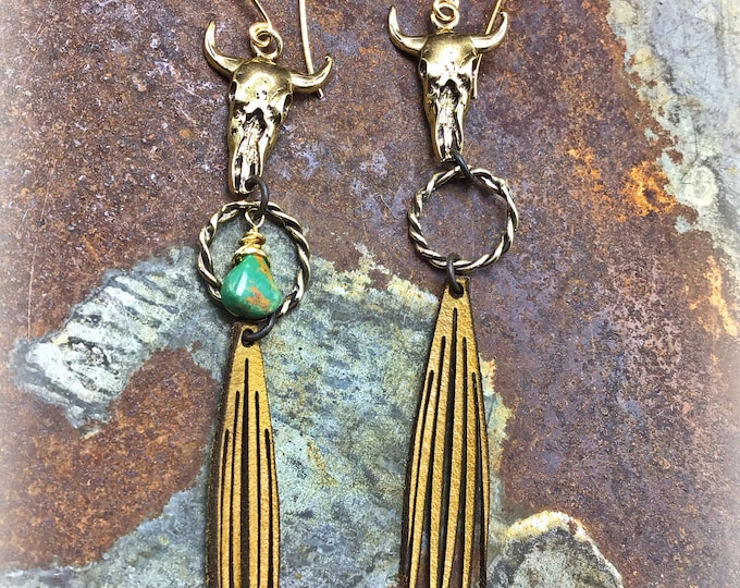 No bull fringe earrings by Weathered Soul jewelry, long bronze steer head with leather fringe choose stone or no stone